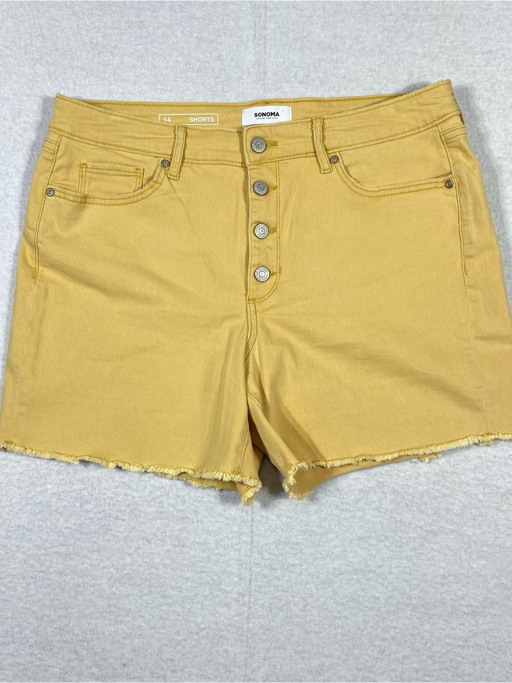Sonoma Button Fly Denim Shorts Womens 14 Mustard Yellow High Rise Raw Hem Casual